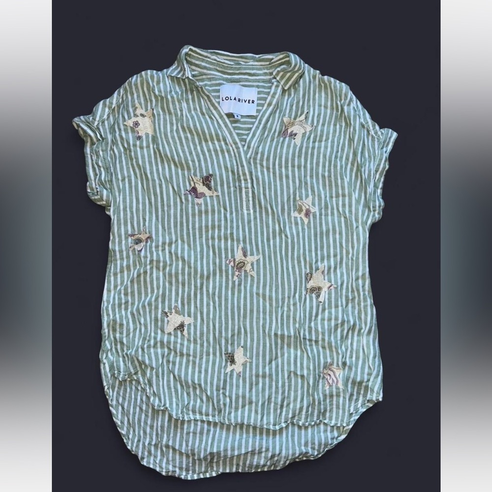 Lola Rivers women’s small green striped tank blouse patchwork stars upcycled
